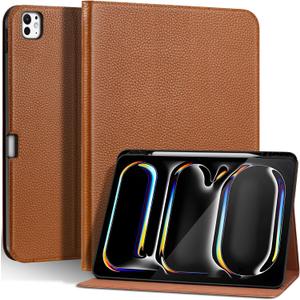 Genuine Leather Case for iPad Pro 13 inch (M5/M4) 2025/2024 with Pencil Holder | Slim Protective Cover with Adjustable Stand, Auto Wake/Sleep, Premium Leather | Brown