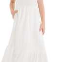 PATPAT Girl's Maxi Dress Boho Short Sleeve Long Dresses Casual Sundress with Pockets 5-14 Years (10-11 Years, White)