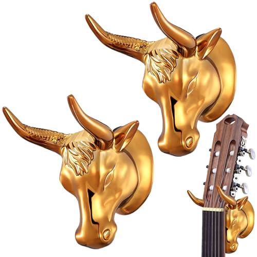 DoubleFill 2 Pcs Bull Guitar Wall Mount Guitar Wall Hanger Bull Guitar Holder Guitar Wall Rack Gold Bull Art Ukulele Hook Stand for Acoustic Electric Bass Guitar Storage Player Gift