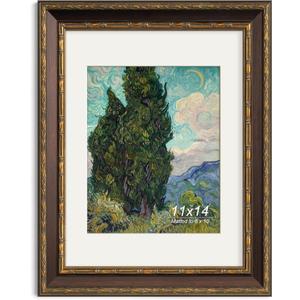 Yaetm 11x14 Vintage Picture Frame, Ornate Antique Bronze 11x14 Frame with Real Glass, 1.4-inch Wide Molding, White Mat for 8x10 Photo - Portrait/Landscape, Wall Mount (Brown/Gold, Single)