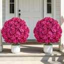 Faux Geraniums for Outdoor Planters: Hot Pink Topiary Ball, 2 Pcs | 26in Faux Silk Flowers with Pot for Front Porch Entryway Yard Patio, Red Geraniums Flower for Outdoor Indoor Decor