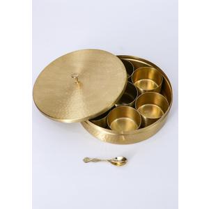 Hammered Pattern Handcrafted Brass Masala/Spice Box Set With Spoon Container 90 ML-Food Spice Storage Rack Indian Boxes Dani Dabba For Kitchen (8-INCH)