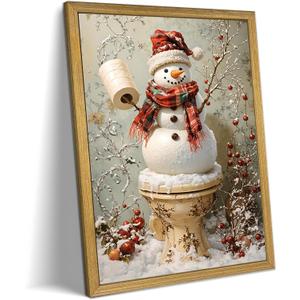 Vintage Snowman Christmas Wall Art, Cute Snowman Canvas Prints Poster, Winter Farmhouse Painting Artwork Picture, Rustic Holiday Christmas Wall Decor for Living Room Bathroom 12x16 Inch Framed