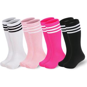 American Trends 4 Pairs Toddler Soccer Socks Kids Youth Baseball Sock Boys Girls knee High Striped Socks Cotton Tube Sock (White/Black/Pink/Hot Pink), M