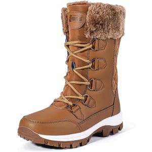IDIFU Snow Boots Winter Boots for Women Waterproof Comfortable Warm Insulated Non-Slip Outdoor Boots Fashion Hiking Walking Lightweight Lace Up Faux Fur Lined Brown Mid-Calf Booties(Brown, 9)