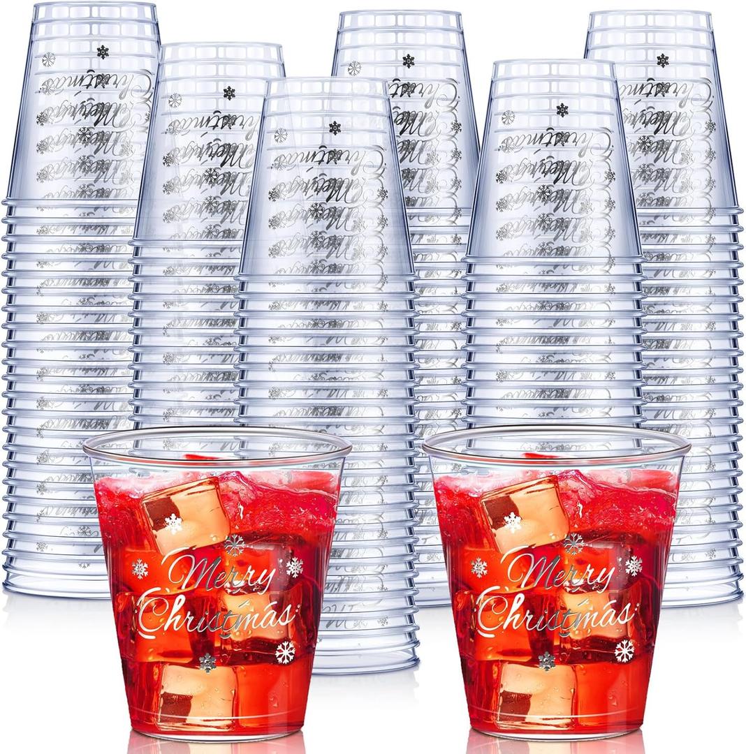 Umigy 100 Pcs Christmas Shot Glasses Disposable Shot Plastic Clear Small Cups for Party Bulk 2 Oz Cups Plastic Tumbler for Birthday Party Wine Food Snack Tasting Drinking Serving(Gold, Reindeer)