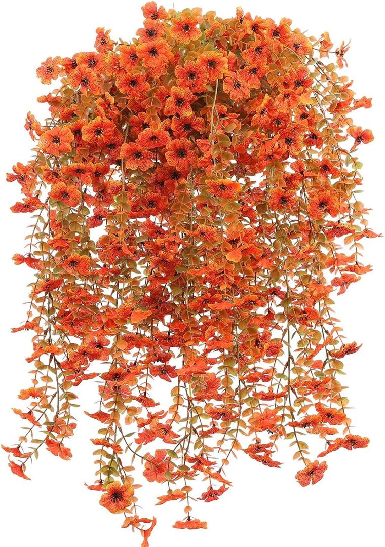 6 Pcs Artificial Hanging Mums Flowers Outdoor, Orange UV Resistant Fake Hanging Fall Plants for Outdoor Planter Patio Front Door Window Autumn Decoration (6, Orange)
