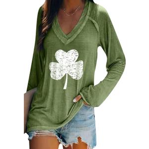 BOFETA Women St Patricks Day Sweatshirts Loose Long Sleeve Shirts Green Shamrock Print Blouse Flowy Color Block Pullover Tops (XL)