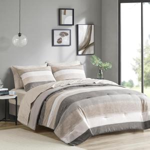 Madison Park Essentials Queen Comforter Set, Bed in A Bag Comforter & Sheet Set, Modern Casual Stripes Print, All Seasons, Soft Microfiber Bedding Makeover, Matching Shams, Queen Taupe/Grey 7 Piece