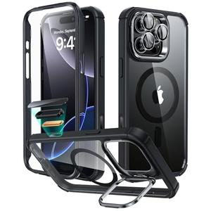 ESR for iPhone 15 Case with Stand, Compatible with MagSafe, Full-Body Military-Grade Drop Proof Case with Built-in 9H+ Tempered Glass Screen Protector, Armor Series, Clear Black