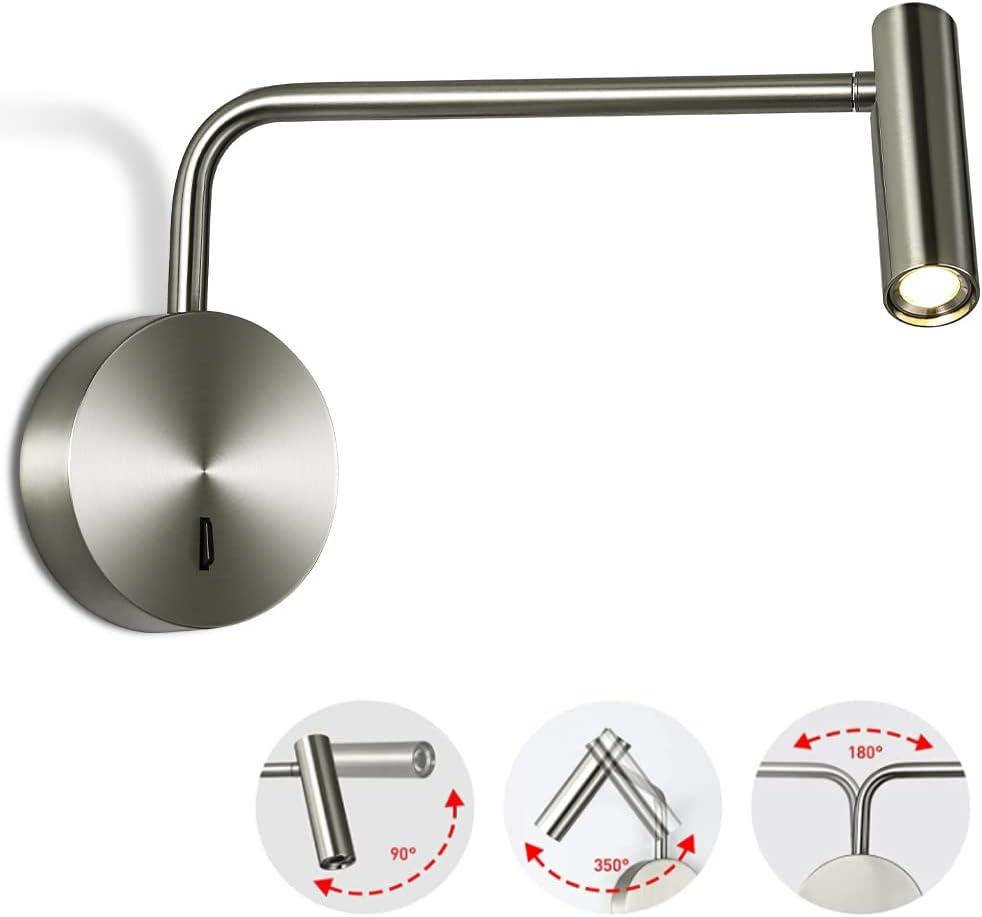 ZEROUNO Wall Mounted Reading Light Swing Arm Bedside Lamps for Bedroom Hardwired Sconces with Switch LED Mounted for Home Decor Wall Lighting Fixtures Indoor (Silver)