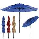 DUMOS Patio Umbrella 10FT 3 Tier with 32 LED Lights, Waterproof Market Table Umbrella with Crank and 8 Ribs Outdoor for Pool, Beach, Terrace and Outdoor Restaurant, Navy Blue