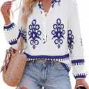 BTFBM Womens Tops Spring Casual Long Sleeve Shirts Button Up V Neck Bohemian Blouses Loose Tunics Vacation Outfits (White, S)