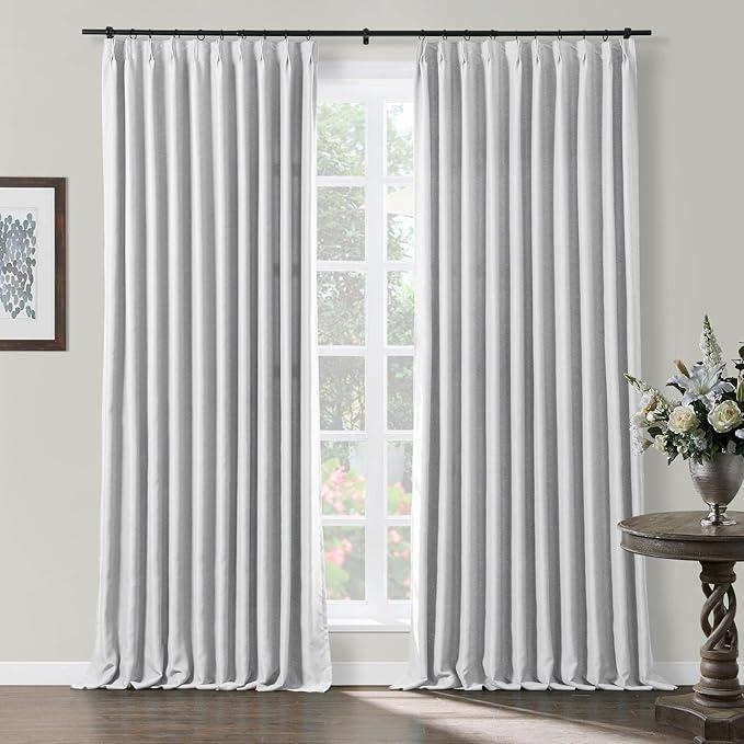  Grey White Pinch Pleated Room Darkening Curtain 102 Inches Long, Solid Thermal Insulated Memory Shaped Window Drapes for Bedroom,2 Panels