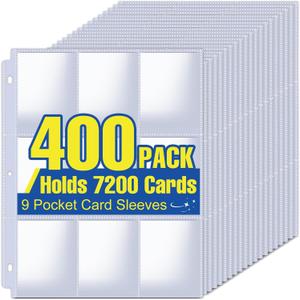 400 Pack Card Sleeves Binder Sheets, 9 Pocket Card Sleeves for 3 Ring Binder, Holds 7200 Cards, Trading Cards Sleeves Fit for Baseball, Football, Game, Business Cards