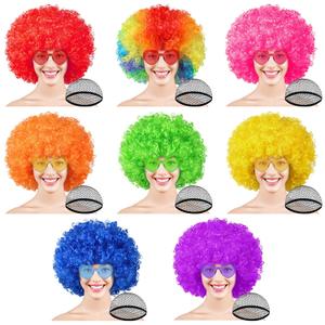 PLULON 8 Pack Colored Afro Wig with Heart Sunglasses Hair Cap for Women Men, Funny Curly Afro Wigs Disco Hippie Party Hairpieces for Halloween Costume Cosplay Party Carnival Music Festival Decor
