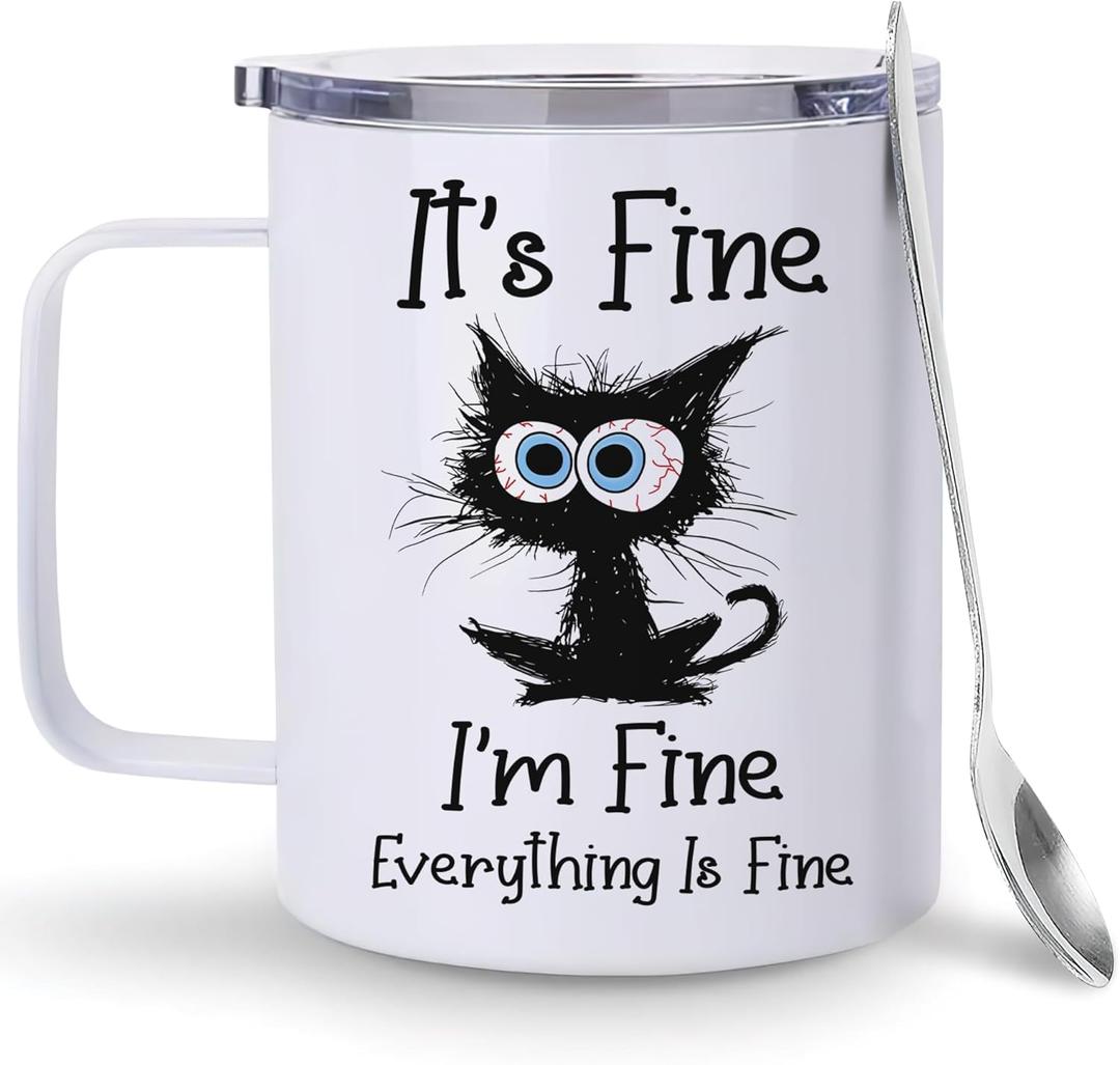 Hyturtle Funny Black Cat Gifts For Cats Lover - It's Fine I'm Fine Everything Coffee Tumbler Cup Mug Stainless Steel 12 Oz - Cats Gifts For Women - Birthday Gift For Cat Lovers On Birthday Christmas