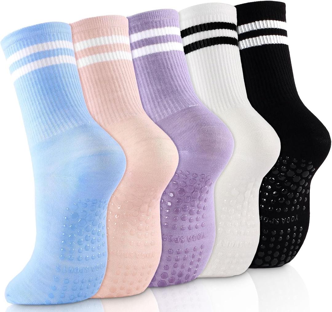 Cute Pilates Socks, Pilates Socks with Grips 5 Pairs for Women Non-slip Yoga Sock 7-9 for Barre Ballet Barefoot