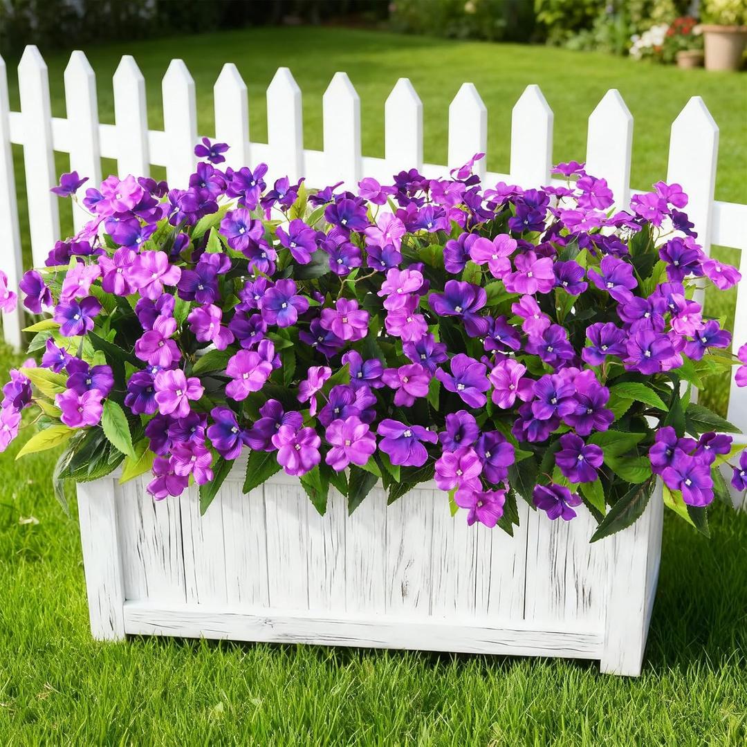 2 x Artificial Impatiens Flowers for Outdoors, 6 Bundles Silk Fake Flowers for Spring Summer Decoration, UV Resistant Faux Plants Plastic Bouquet for Home Planter Porch Patio Yard Decor(Double Purple)