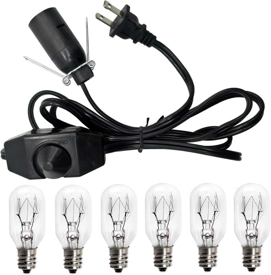 haraqi Salt Lamp Cord and Bulbs,Himalayan Salt Lamp Replacement Cord with Dimmer Switch,Original UL Listed Cord Bulb Replacement for Salt Rock Lamp with 6 Pack 25 Watt E12 Bulbs