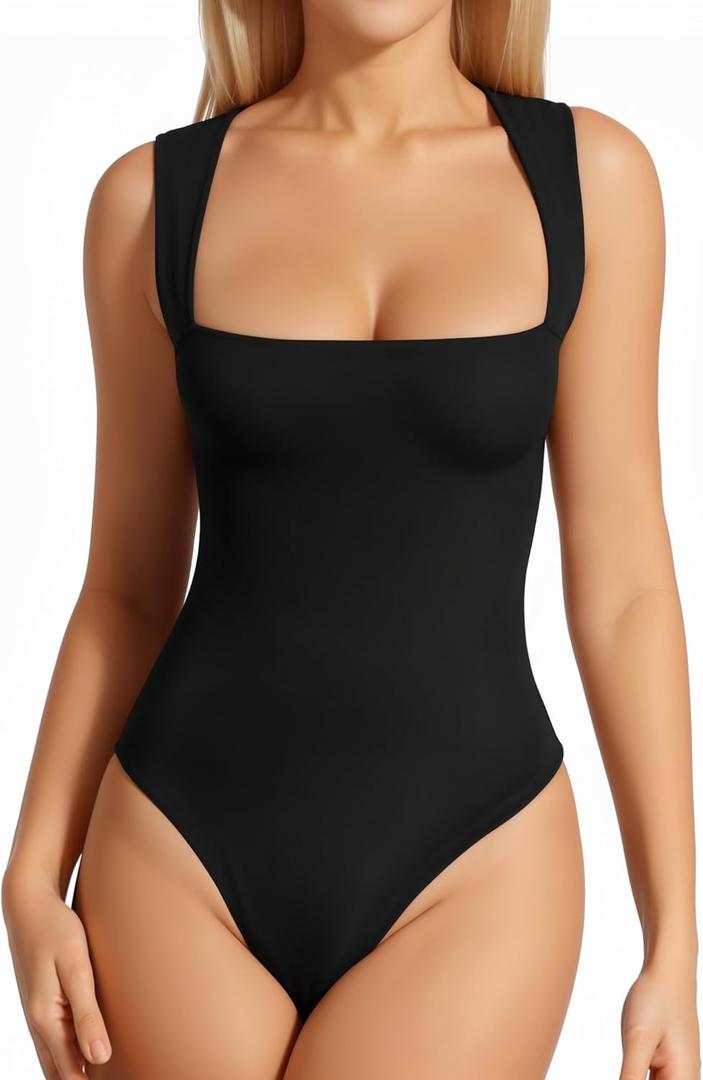 MANGOPOP Women's Square Neck Tank Top Bodysuit Sexy Double Lined Sleeveless Thong Body Suits Going Out Tops (Medium, A01-sleeveless Black)