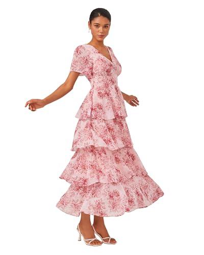 ADOR Women's Floral Summer Empire Waist V Neck Casual Long Flowy Chiffon Maxi Dress Ruffle Tiered Short Sleeve A-line Dreses Pink Large
