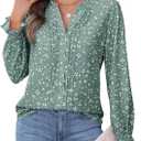 CiCiBird Womens Casual V Neck Blouses Button Down Shirts Long Sleeve Floral Print Business Work Tops (Green, L)