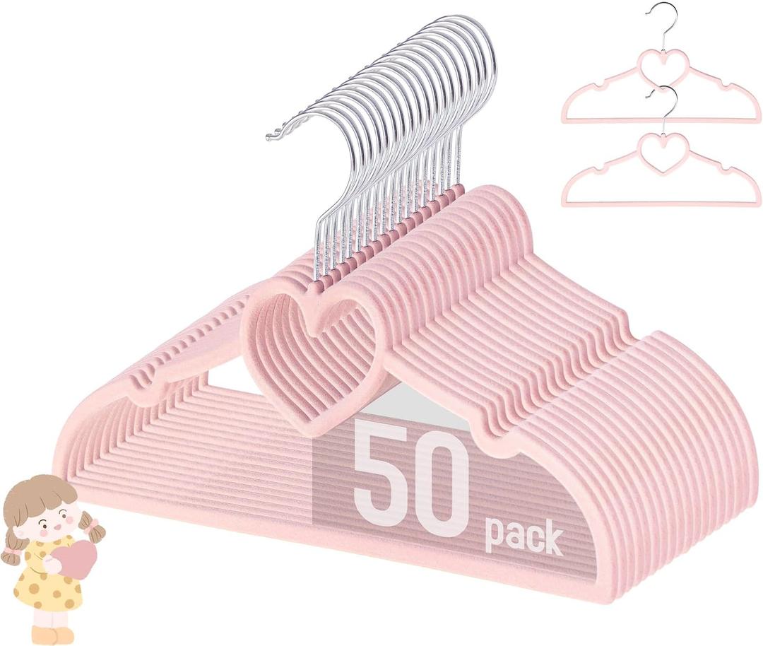 GOSCHE Kids Velvet Hangers (12.8 Inch - 50 Pack), Non-Slip Baby Clothes Hangers for Closet, Ultra Slim Space Saving Children Hanger, 360Degree Swivel-Hook, Infant/Toddler Hangers, Dark Pink