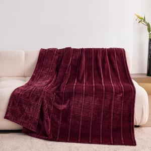 Super Soft Flannel Throw Blanket 50x60 Inches, Premium Checkered Jacquaed Silky Fleece Lightweight Bed Blanket All Season Use, Burgundy Strip, 50"x60"