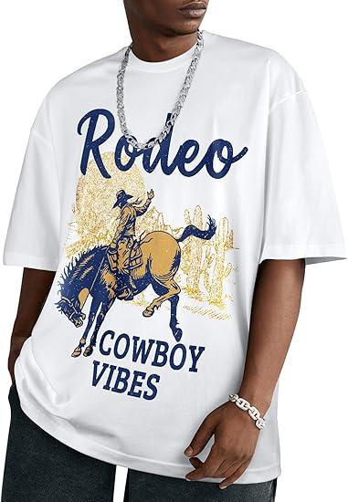 Flafens Oversized Tshirts for Men - Graphic T Shirt Tees Crewneck Short Sleeve Loose Top Over Sized Cool Pattern Print Tops, XL, Cowboy