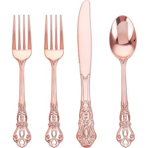 40PCS Rose Gold Plastic Silverware - Heavy Duty Elegant Disposable Utensils - Rose Gold Plastic Cutlery set Includes 20Forks, 10Spoons, 10Knives for Dinner, Parties, Weddings, Mother's Day