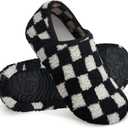 WateLves Womens & Mens Lightweight Cozy Faux Furry House Slippers - Rubber Sole Slip On Sock Shoes - Foldable Travel Slippers - Indoor & Outdoor (5.5-6.5 Women/4.5-5.5 Men, Black/White)