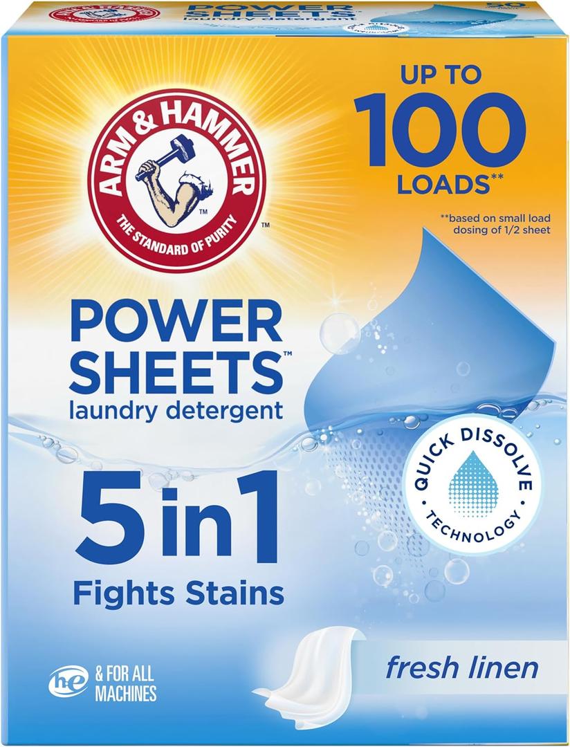 Arm & Hammer Power Sheets Laundry Detergent, Fresh Linen 50ct, up to 100 Small Loads