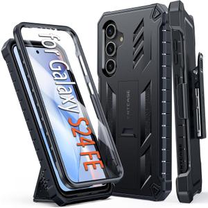 FNTCASE for Samsung Galaxy S24-FE Case: Military Grade Rugged Cell Phone Cover with Kickstand & Holster | Shockproof TPU Protection Bumper Matte Textured Design for Galaxy S24 FE Cases 6.7inch - Black