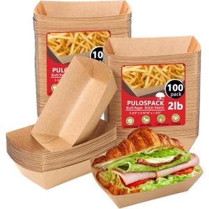 100 Pack 2lb Paper Food Boats, Kraft Paper Food Nacho Trays Disposable Take Out Food Serving Boats for Snack French Fries Tacos Hot Dog BBQ Popcorn Festivals Party Picnic Wedding (100)