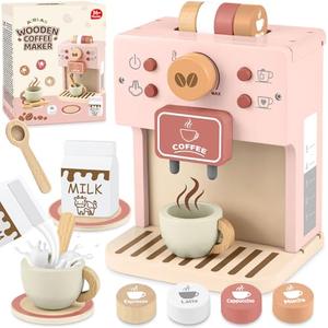 Airlab Kids Coffee Playset Toy Coffee Maker Set for Toddler Wooden Kitchen Accessories Pretend Play for Girls Boys Ages Birthday Gifts Pink