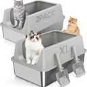 2 Pack XL Stainless Steel Litter Box with High Sides Shield for Multi Cat, Extra Large Tall Wall Open Top Deep Metal Pan for Big Cats, Anti-Leak Non-Stick Odor Control, 2 Scoops Included, Gray