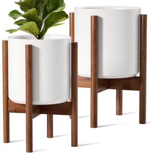 LE TAUCI Indoor Planter with Stand, 10 + 8 Inch, Set of 2, Ceramic Pot for Indoor Plants with Acacia Wood Holder, Mid-Century Modern Home Decor, Round Flower Pots with Drainage Hole, White