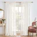 PONY DANCE Floral Butterfly Lace Sheer Curtains 84 Inch Length for Bedroom, Elegant Semi Gauze Drapes with Sheer Overlay for Living Room/Girls Room/Kids Room/Nursery, 2 Panels, 55 Wide, Light Beige