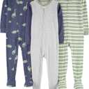 Simple Joys by Carter's baby-boys 3-pack Snug Fit Footed Cotton Pajamas (Green Stripe/Grey Heather/Indigo Wash Dinosaur)