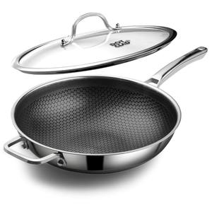 DOTCLAD Wok pan, Hybrid 12 inch Wok with Lid, PFOA Free Cookware,non stick Stainless Steel Woks & Stir-fry pans Nonstick, Dishwasher and Oven Safe, Works on Induction