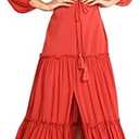 R.Vivimos Maxi Dress for Women Long Sleeve V Neck Drawstring Button Up Casual Split Flowy Dress, Size S