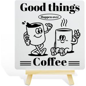 4 x Coffee Table Decor, Bar Decoration Cafe Station Kitchen Home Decor Wooden Sign, Coffee Lover Gifts for Women Men, Good Things
