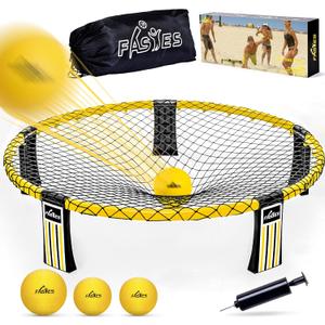 Outdoor Beach Ball Game Includes 3 Balls, Net and Carrying Bag -Roundnet Game Set for Adults, Kids, and Family - Perfect for Beach, Yard, Lawn, Backyard, and Park (Yellow)