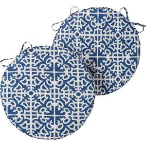 Set of 2 Outdoor 18 inch Round Patio Dining Chair Pads – Comfortable Fiber-Filled Seat Cushions with Ties, Reversible Polyester Fabric, Indigo Blue Lattice, 18" x 18" x 2.5"