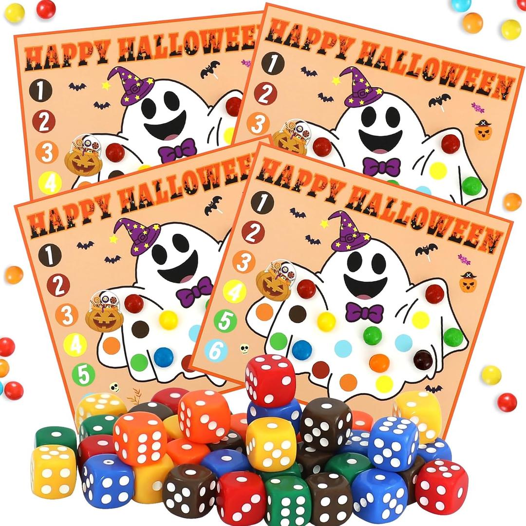 ERTIUANIO Halloween Games for Kids Party, Halloween Dice Rolling Game with 30 Fun Ghost Gards and 30 Dice for Adults Teens, Halloween Kids Games for Classroom Family School Activities Party Supplies