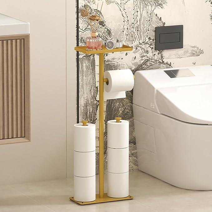 Modern Bathroom Toilet Paper Holder Stand with Storage Shelf, Gold Metal, 23.2 Inch Height, 4-Roll Storage, Freestanding Design