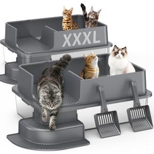 Stainless Steel Cat Litter Box – 2-Pack Extra Large Open Tray, Deep Gray