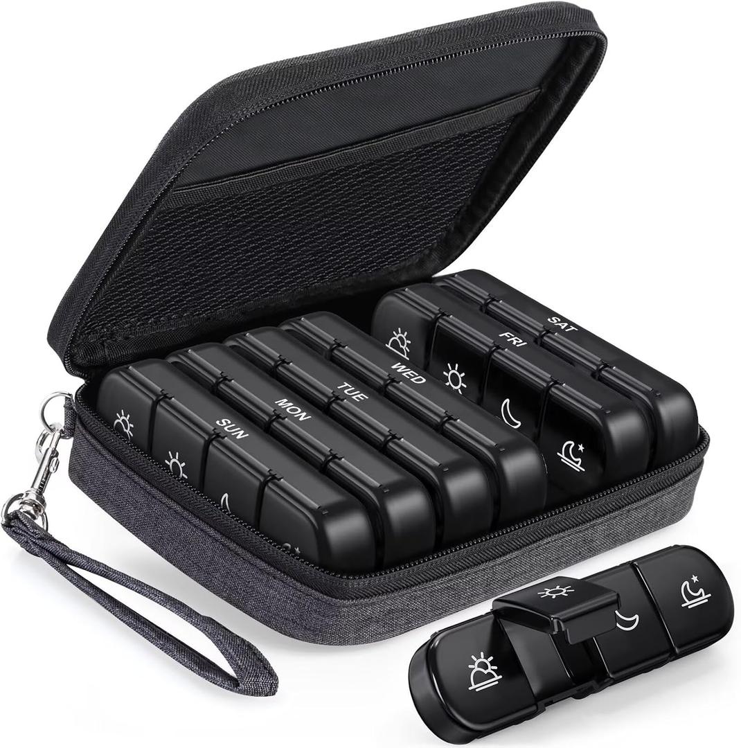 PULIV Weekly Pill Organizer 4 Times a Day with a Business Stylish Bag, Portable Pill Box 7 Day with 28 Compartments for Men, Removable Pill Sorters to Store Vitamin, Medication, Fish Oil, Supplements