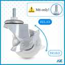 M6-1.0 Threaded Stem Caster Wheels, 2 Inch PVC Silent Castors, M6 x 15mm Replacement Wheels for Utility Shelf, Small Rolling Cart, Kitchen/Laundry Rack, Set of 4 (2 Brake, 2 Swivel)